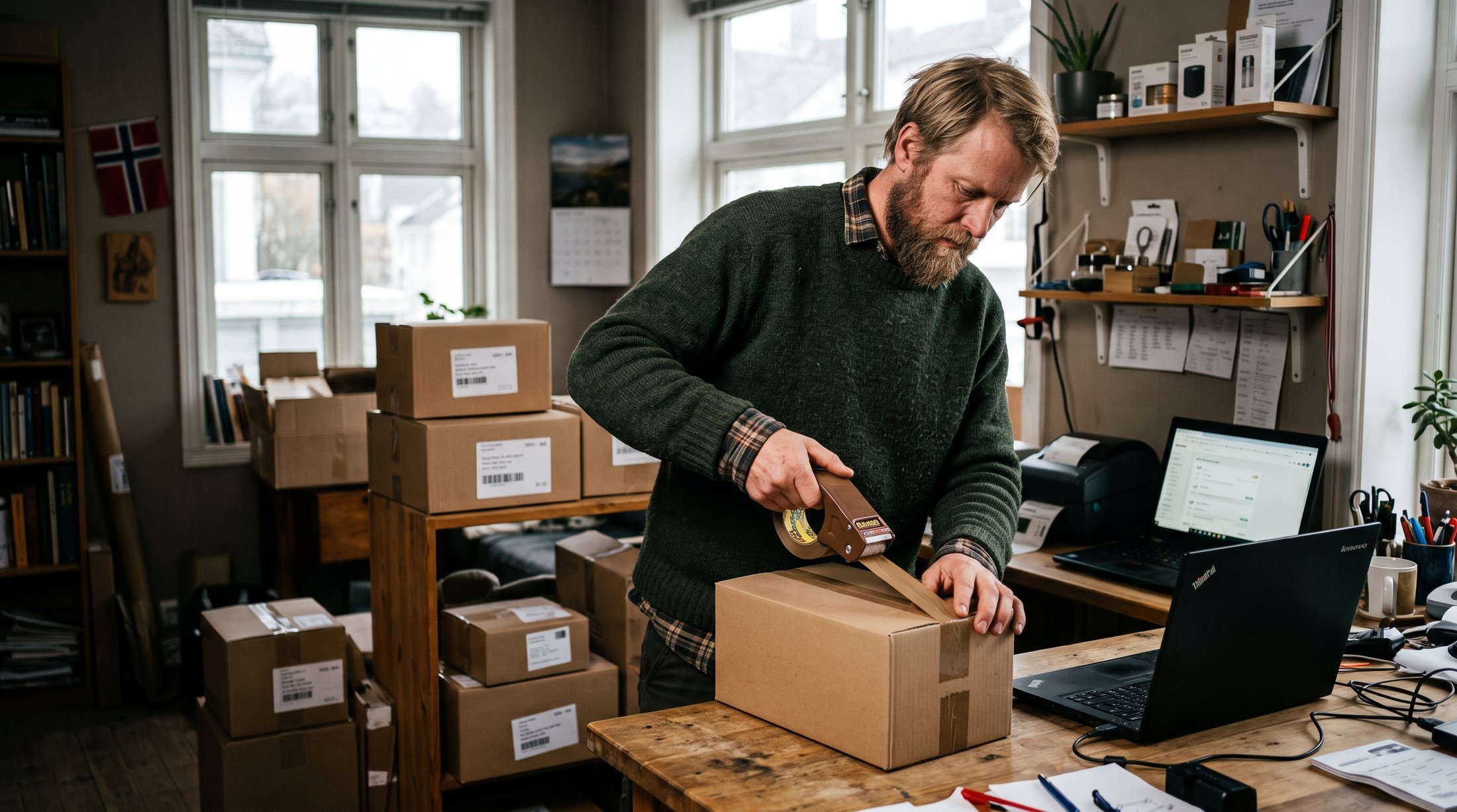 Norsk gründer pakker en pakke i sitt eget hjemmekontor