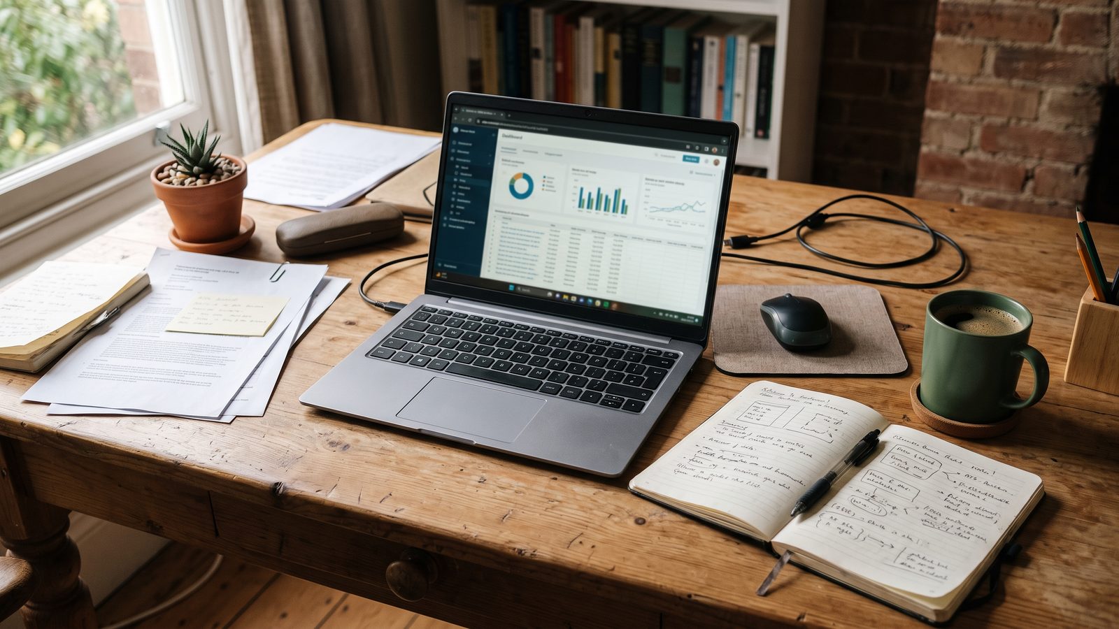 Skrivebord med laptop, notatbok og kaffe - reelt arbeid i praksis